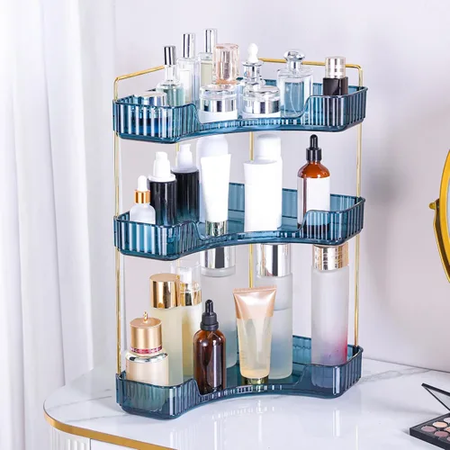 Vista 10 de Organizador de esquina para encimera de baño, estante de baño, organizador de maquillaje para tocador, bandeja de perfume para almacenamiento en Azul
