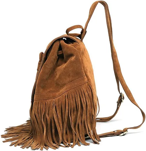 Vista 3 de Mochila para mujer, bolso de hombro con flecos y borlas, de piel sintética, bolso de viaje de moda