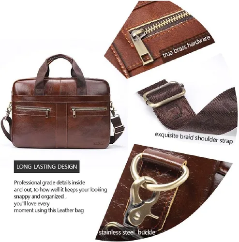 Vista 4 de CocoBotton Maletín de cuero para hombre, bolso para computadora portátil, bolso de mensajero de cuero genuino impermeable vintage