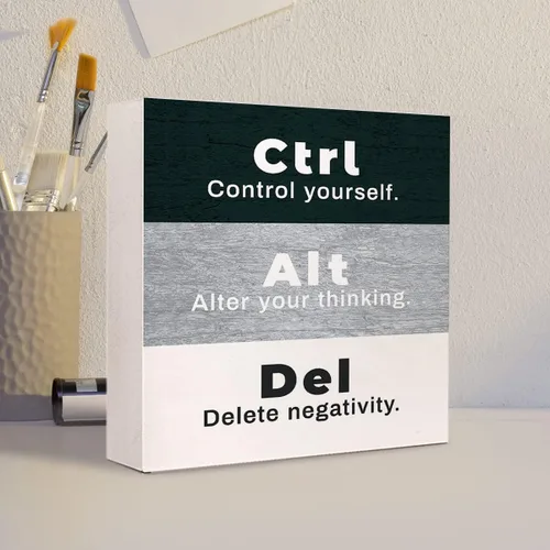 Vista 4 de CTRL+ALT+DEL - Letrero de madera en blanco y negro para decoración de escritorio, inspirador en bloque de madera, decoración de escritorio