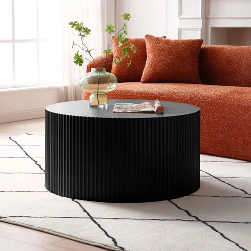 Vista 4 de Juego de 2 mesas de centro redondas negras de 55.12 pulgadas, mesa lateral moderna para sala de estar, diseño contemporáneo de círculo de madera
