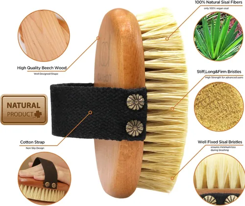 Vista 3 de Cepillo corporal de cepillado en seco, cerdas de sisal, cepillo de masaje exfoliante para celulitis y linfático, mejora la circulación, detiene