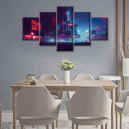 Vista 155 de Cuadros de 5 paneles de Cyberpunk City, arte de pared, representación de vallas publicitarias, edificios modernos en la capital con obras de arte