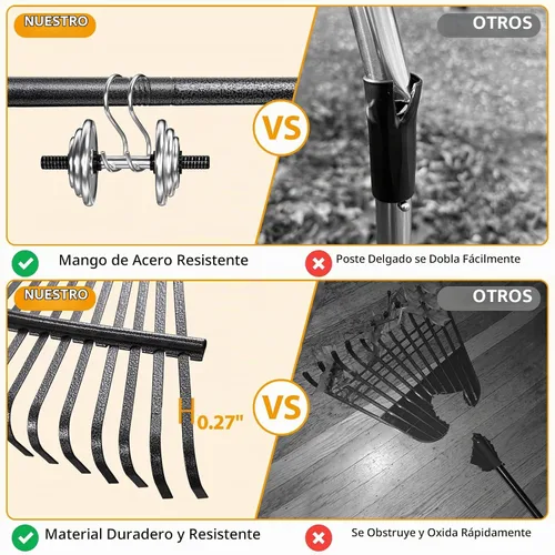 Vista 2 de Rastrillo de hojas de jardín para césped resistente, rastrillo de metal para patio con cabezal pequeño y estrecho de 9 pulgadas, mango largo
