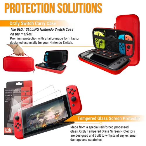 Vista 4 de Orzly Accessories Bundle Compatible with Nintendo Switch & OLED Case & Screen Protector, Joycon Grips & Racing Wheels, Controller Charge Dock