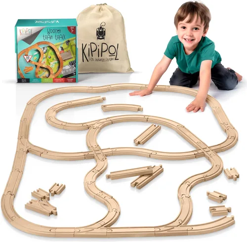 Vista 11 de KipiPol Juegos de trenes de madera para niños de 2 a 4 a 7 años – 38 piezas de tren de madera para niños pequeños con grúa, puente y pistas de tren
