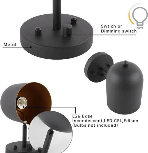 Vista 5 de Pathson Juego de 2 Apliques de Pared con Cableado Directo con Interruptor Regulador, Lámpara de Pared Negra Mate con Ángulo de Luz Ajustable