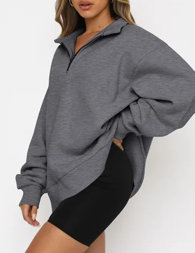 Vista 2 de EFAN Sudadera de gran tamaño con media cremallera para mujer, sudadera de manga larga con cremallera de un cuarto, sudadera moderna con capucha
