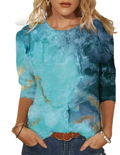 Vista 2 de Camisas de verano de manga 34 para mujer, cuello redondo, casual, cómodas, suaves, sueltas, blusas de moda