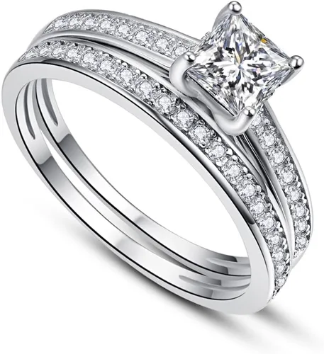 Vista 3 de AVECON Anillo de compromiso de corte princesa de 1.35 quilates de plata de ley 925 para mujer, juego de anillos de boda de circonita cúbica, tallas