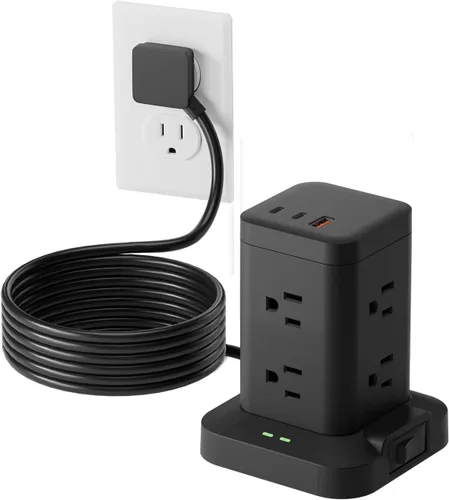 Vista 10 de Torre de regleta de alimentación con protector de sobretensiones de 1800J, torre de carga rápida PD20W puertos USB-C con 12 salidas de CA, cable