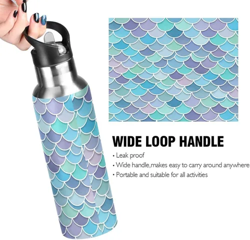 Vista 4 de BPA-Free Sports Water Bottle with Straw 32 Oz, Stainless Steel Vacuum Insulated Water Bottle for Gym Outdoor Travel School, Watercolor Mermaid