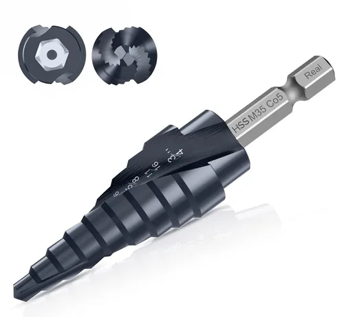 Vista 9 de Broca de cuatro Sprial Flauta M35 de cobalto, 1/4"-1-1/8" Ultra TiAIN recubierta Unibit broca, broca de vástago hexagonal de 1/4" para metal, acero