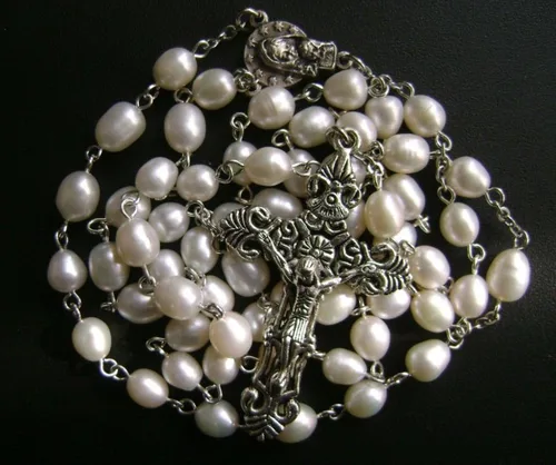 Vista 9 de elegantmedical Hecho a mano AAA 8-9MM perla natural perlas rosas rosario crucifijo Jesús cruz católica collar caja, Metal
