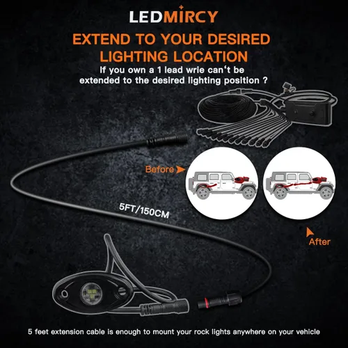 Vista 3 de LEDMIRCY Cable de Extensión para Luces LED de Roca Cable de Alambre de 2 Pines Impermeable 2PCS 5ft 22AWG con Conectores Macho a Hembra Tuerca
