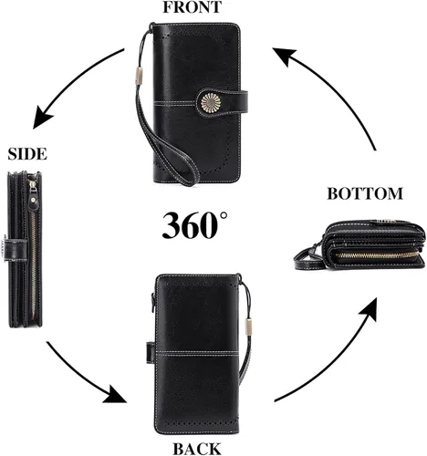 Vista 5 de SENDEFN - Billeteras de cuero genuino para mujer con tarjetero y bloqueo RFID, de gran capacidad y con correa para la muñeca