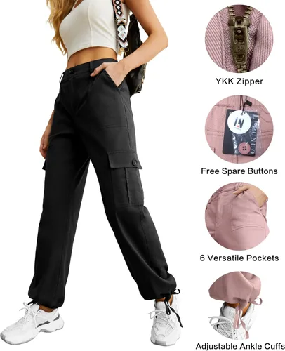 Vista 2 de Pantalones cargo de cintura alta para mujer, pantalones de viaje Y2K Streetwear holgados elásticos con 6 bolsillos con cordón en los tobillos