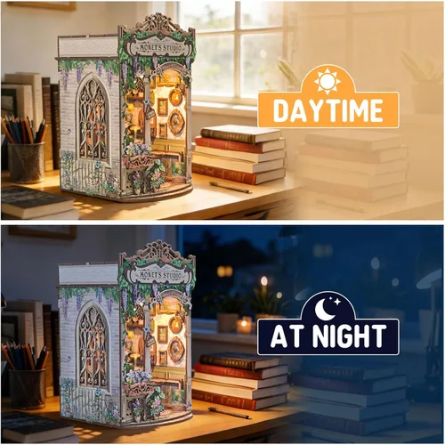 Vista 5 de Monet's Studio Book Rook Kit con luz LED y cubierta antipolvo, kit de casa en miniatura de bricolaje, rompecabezas de madera 3D, kit de construcción