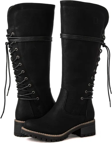 Vista 2 de GLOBALWIN - Botas de combate de equitación altas con cordones para mujer, cómodas botas góticas de motocicleta para mujer con cremallera y tacón