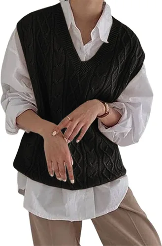 Vista 2 de Women's V Neck Sweater Vest Oversized Sleeveless Loose Knit Tops Cable Sleeveless Sweater