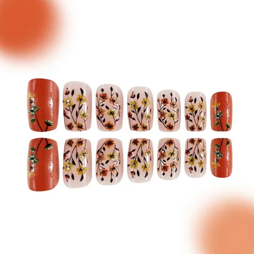 Vista 4 de Juego de 24 uñas postizas cuadradas cortas a presión, 3D, para primavera y verano, reutilizables, color naranja, uñas postizas a presión, lindas