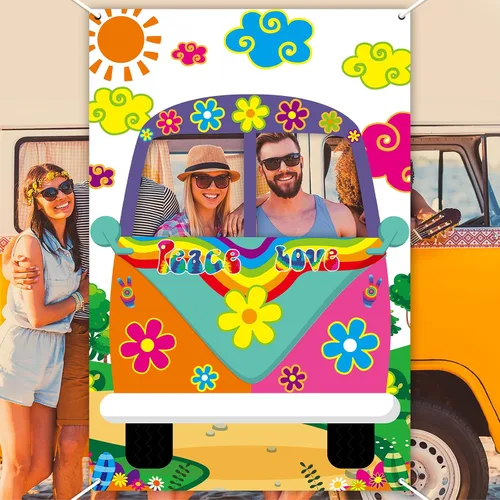 Vista 7 de Decoración de fiesta de autobús hippie de los años 60, decoración de fiesta de los años 60, tela grande, retro, Groovy Van Prop Hippie Selfie, telón