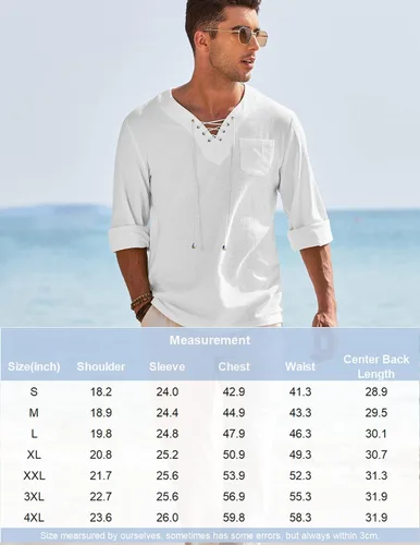 Vista 6 de COOFANDY Camisas de lino y algodón para hombre, con cordones, estilo hippie, estilo casual, para la playa, cuello en V