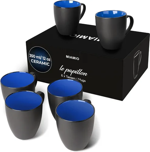 Vista 7 de MIAMIO - Juego de 6 tazas de café de gres 12 onzas/taza - Colección Le Papillon (Negro)