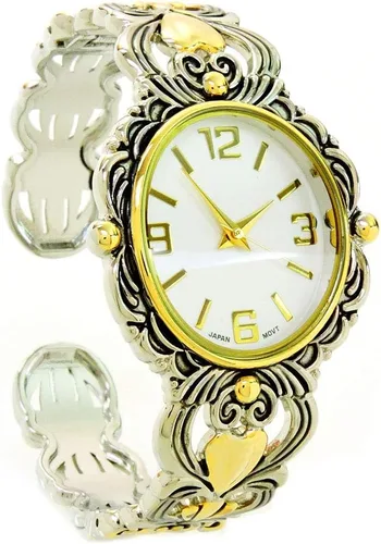 Vista 4 de 2Tone Metal Decorado Gran Cara Ovalada Mujer Brazalete Brazalete Reloj, plateado, Contemporáneo