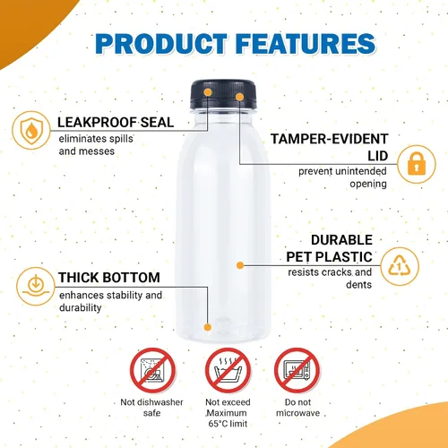 Vista 3 de Holotap 42 Pzas Botellas de Plástico para Jugo de 8 OZ con Tapas, Botellas de Plástico Desechables Transparentes Vacías a Granel con Tapas Blancas a