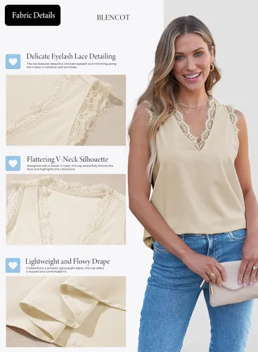 Vista 5 de BLENCOT Camiseta sin mangas con cuello en V para mujer, blusa de encaje, chaleco casual, camisola de verano Albaricoque