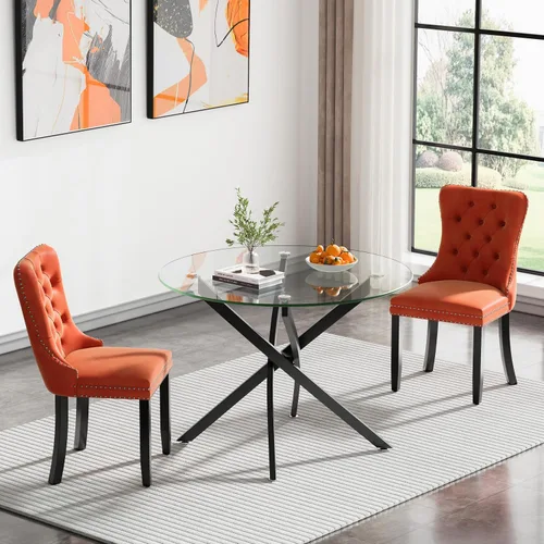 Vista 18 de Juego de mesa de comedor SSLine moderno de 3 piezas con mesa redonda de vidrio para 2, lujosa mesa de comedor circular de 36" con tapa de vidrio