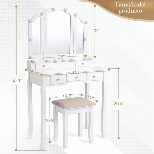 Vista 7 de Escritorio de maquillaje blanco con espejo plegable y luces