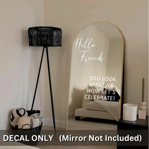 Vista 4 de Aldera Graphics Calcomanía de espejo para selfie para boda, diseño de Hello Friends Now Let's Celebrate - Vinilo negro rectangular para boda
