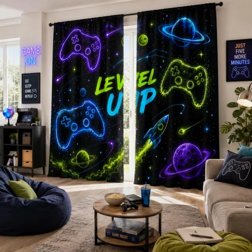 Vista 5 de Cortinas espaciales para ventana gamer con controlador de juego neón y diseño de planeta, cortinas decorativas para dormitorio, sala de juegos, sala
