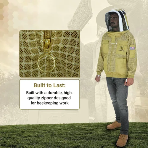 Vista 7 de 3-Layer Ventilated Mesh Bee Jacket for Men & Women with Veils Sting-Proof Beekeeping Jacket with Leather Gloves & Bag