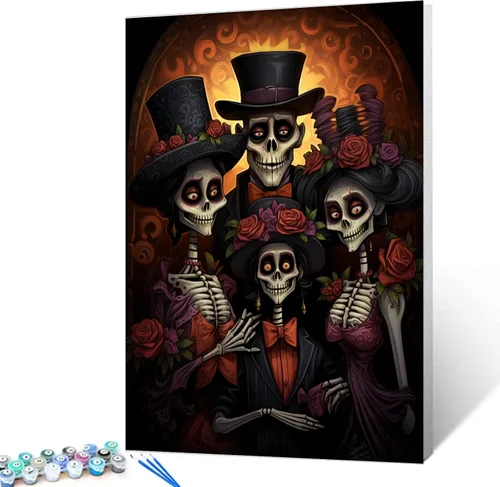 Vista 16 de Tucocoo Decoración del Día de los Muertos, pintura por números, esqueleto para parejas, pintura por números sobre lienzo con pinceles y pigmento