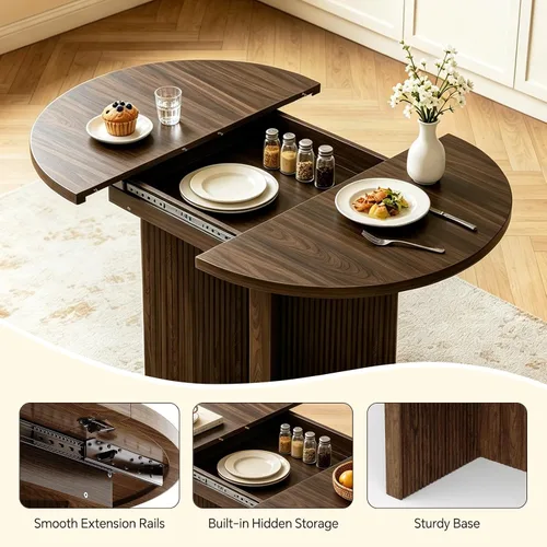 Vista 3 de Mesa de comedor extensible, redonda de 35.4 pulgadas a 47.2 pulgadas, mesa de comedor de madera ovalada con hoja de extensión, mesa de cocina