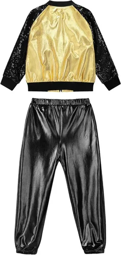 Vista 4 de TiaoBug Disfraz de baile de jazz hip hop para niños y niñas, brillante, metálico, manga larga, chaqueta bomber y pantalones deportivos