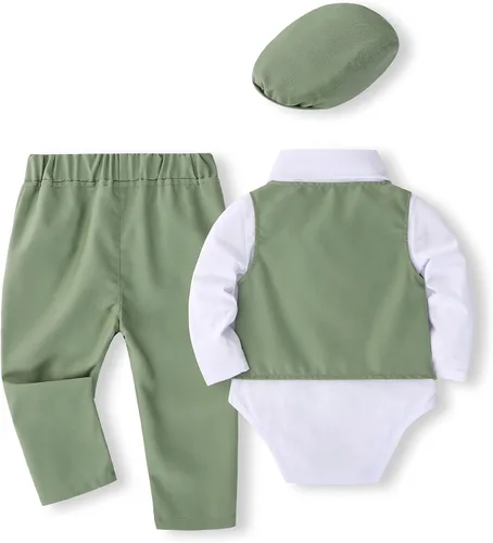 Vista 2 de Kimocat Conjunto de ropa de mezclilla para bebés y niños pequeños con corbata de moño y botones a cuadros