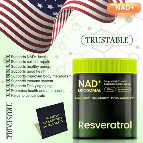 Vista 7 de Suplemento NAD, nicotinamida liposomal ribósido resveratrol 250 mg, alternativa a NMN, suplemento NAD de alta pureza para mujeres y hombres