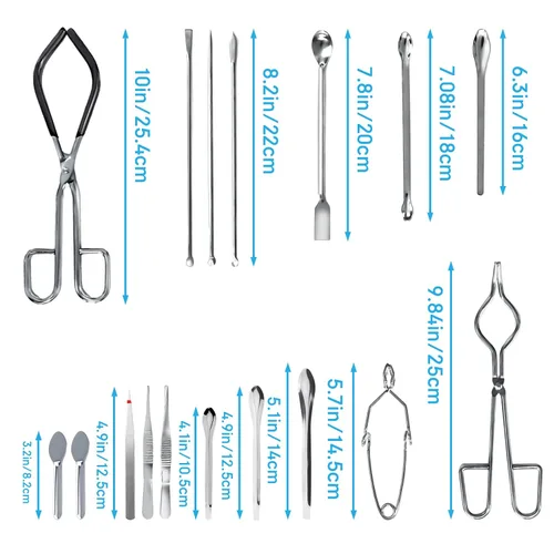 Vista 2 de Juego de herramientas de laboratorio de química, acero inoxidable Crucible tongs, lab spatula scoop, U shape spoon, test tube clamp, forceps