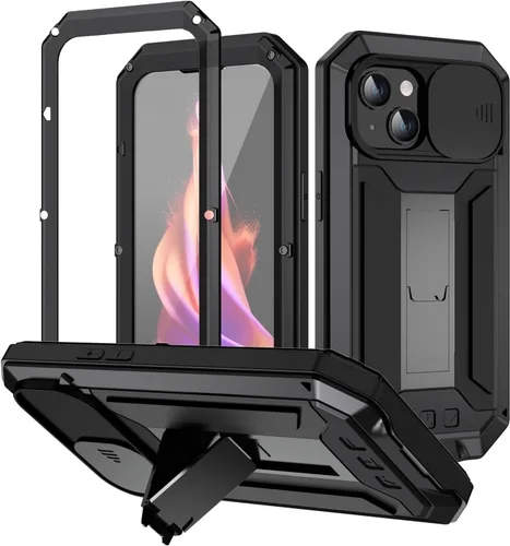Vista 14 de FW - Funda de metal compatible con iPhone 15 Pro con cubierta deslizante para cámara deslizante, protector de pantalla integrado, funda híbrida