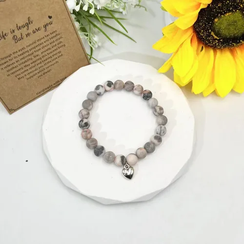 Vista 3 de Life is Tough But So Are You - Pulsera inspiradora, pulseras de piedra natural morada, dije de corazón, amatista étnica, aniversario, tarjeta