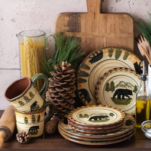 Vista 14 de Paseo Road Chalet Aztec - Juego de vajilla de cerámica de 16 piezas con platos, cuencos, tazas, estilo cabaña rústica del suroeste