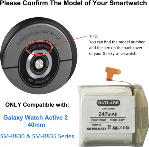 Vista 2 de Nueva batería de repuesto EB-BR830ABY para Galaxy Watch Active 2nd (1.575 in) SM-R830 SM-R835 Series, incluye herramientas de bricolaje e
