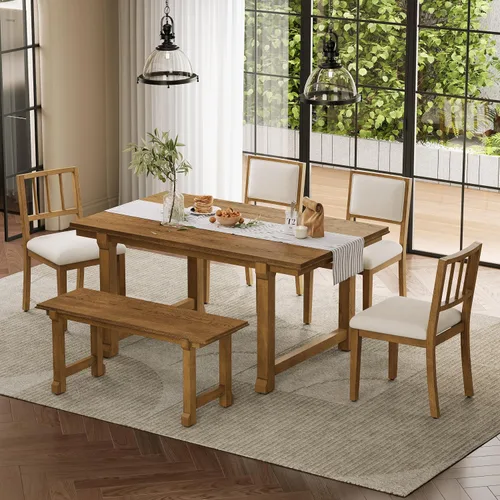Vista 207 de Juego de mesa de comedor vintage de 6 piezas, juego de mesa de comedor de cocina de madera maciza con 4 sillas ergonómicas acolchadas y banco, mesa