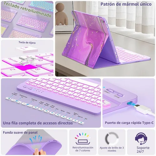 Vista 5 de FUWANG Funda para iPad de 9ª/8ª/7ª generación con teclado de 10,2 pulgadas Lavanda Dorada
