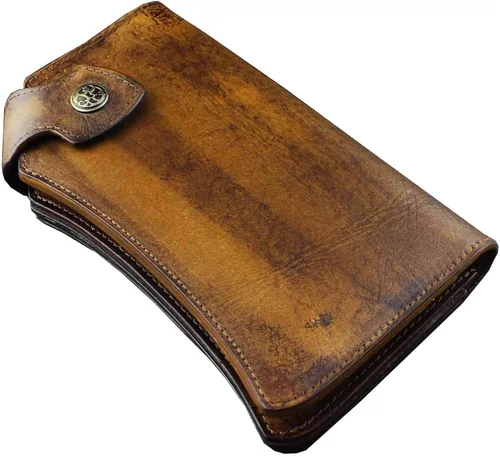 Vista 2 de clásico pesado grueso Piel Genuino hecho a mano billetera Unique Biker cartera café 92