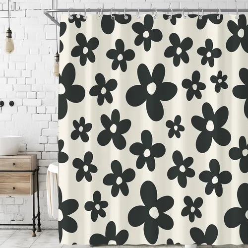 Vista 11 de Cortina de ducha pequeña para casa rodante, tamaño medio, estilo retro de los 70, con flores bonitas, estética abstracta de margaritas, decorativa
